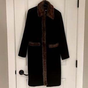 Black Brown Faux Fur Collar Long Trench Peacoat Coat Duster Winter Jacket